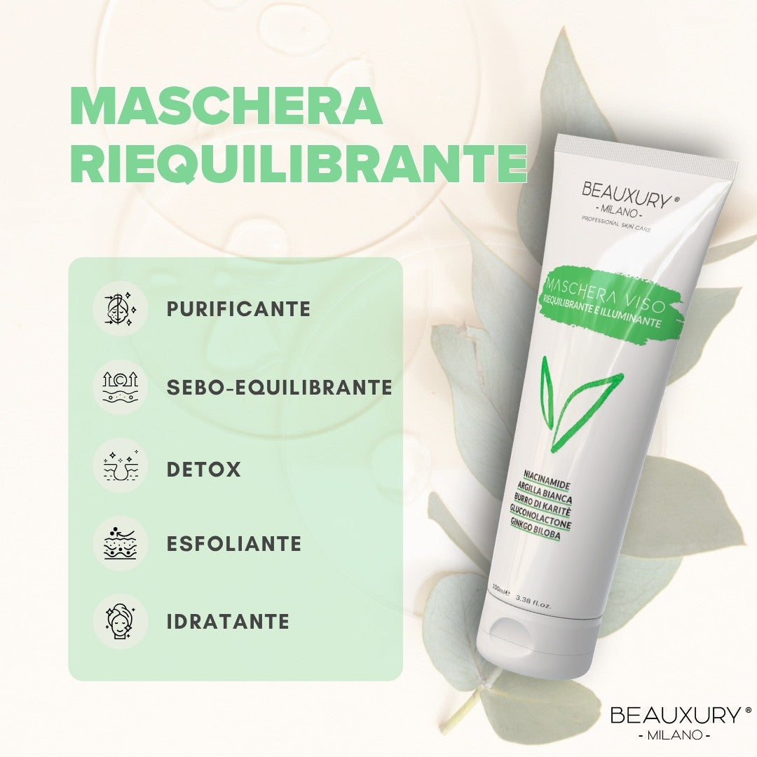 Kit Tris Purificante Viso Beauxury Milano – Mousse, Siero e Maschera per Pelli Grasse e Impure – Azione Detox, Opacizzante e Anti-Imperfezioni