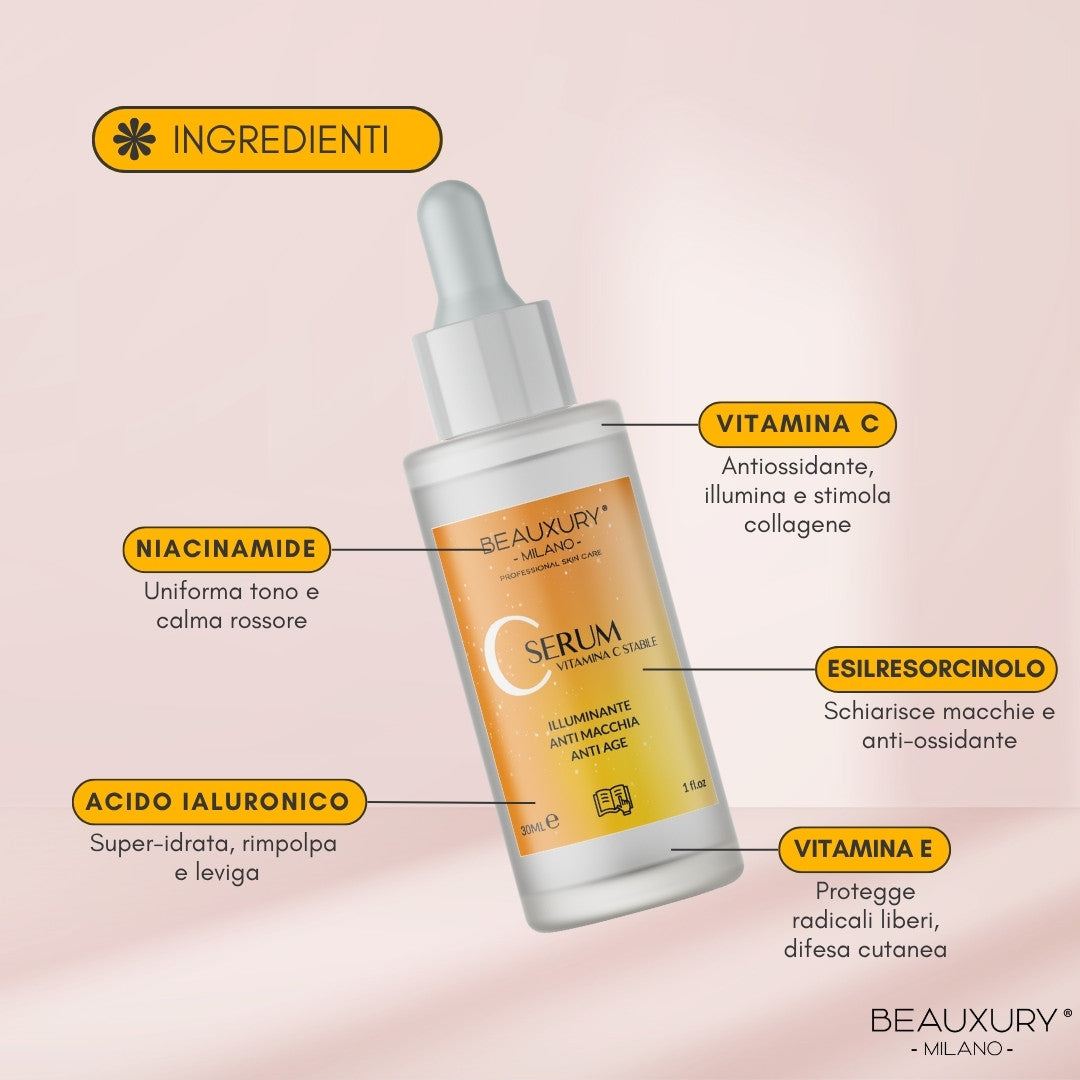 Siero Viso Antimacchia Illuminante Anti-Age con Vitamina C Stabilizzata e Niacinamide – Beauxury Milano – 30 ml
