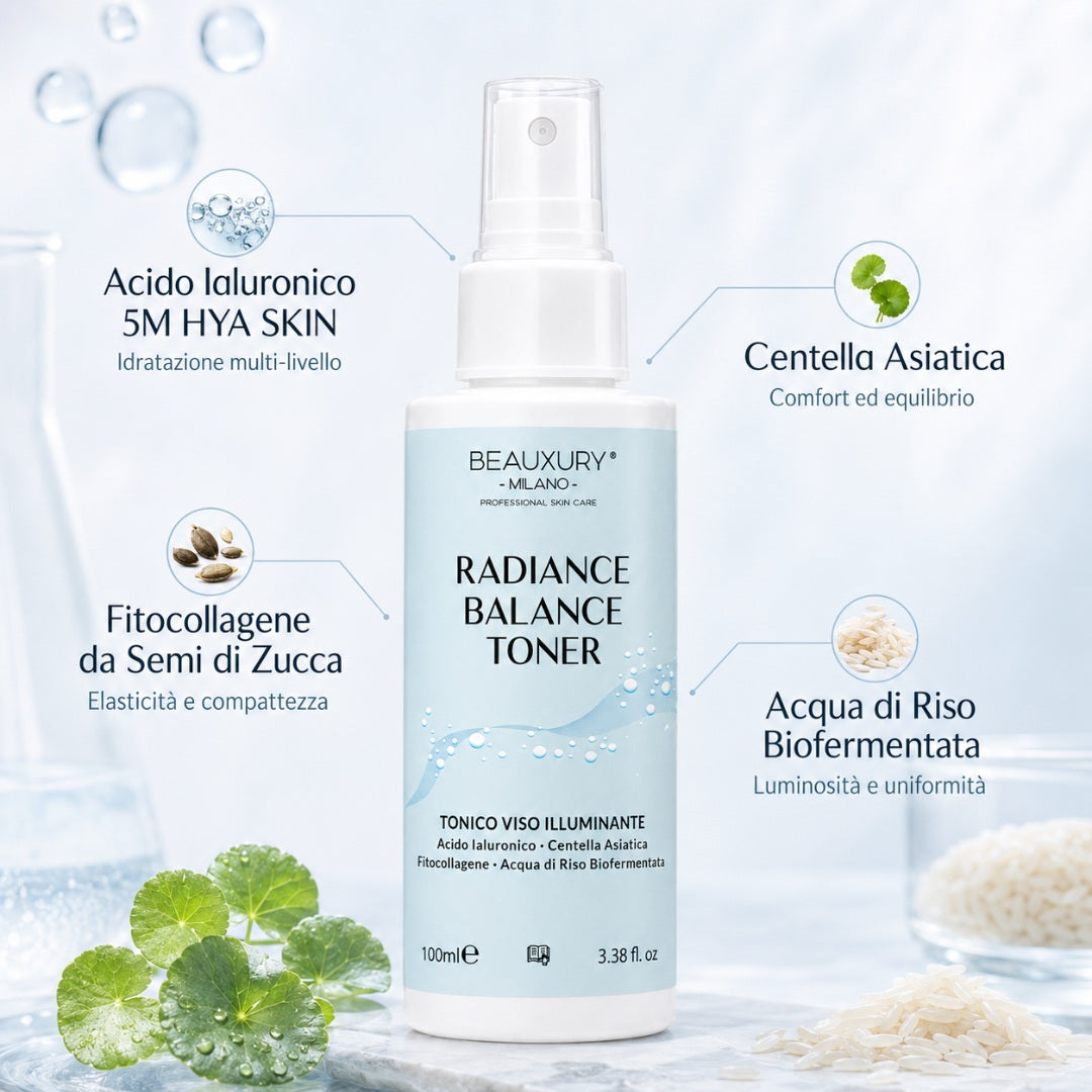 Tonico Viso Idratante Illuminante - Radiance Balance Toner 100 ml – con Acido Ialuronico, Betaina, Centella Asiatica e Fermenti