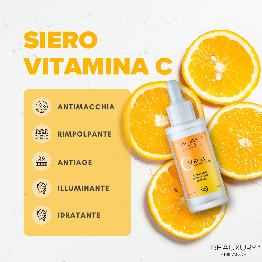 Kit Tris Antimacchia Vitamina C Beauxury Milano - Kit Antiage Illuminante con Siero Vitamina C, Crema Giorno SPF30 e Crema Notte Collagene - Schiarisce Macchie e Iperpigmentazione Viso