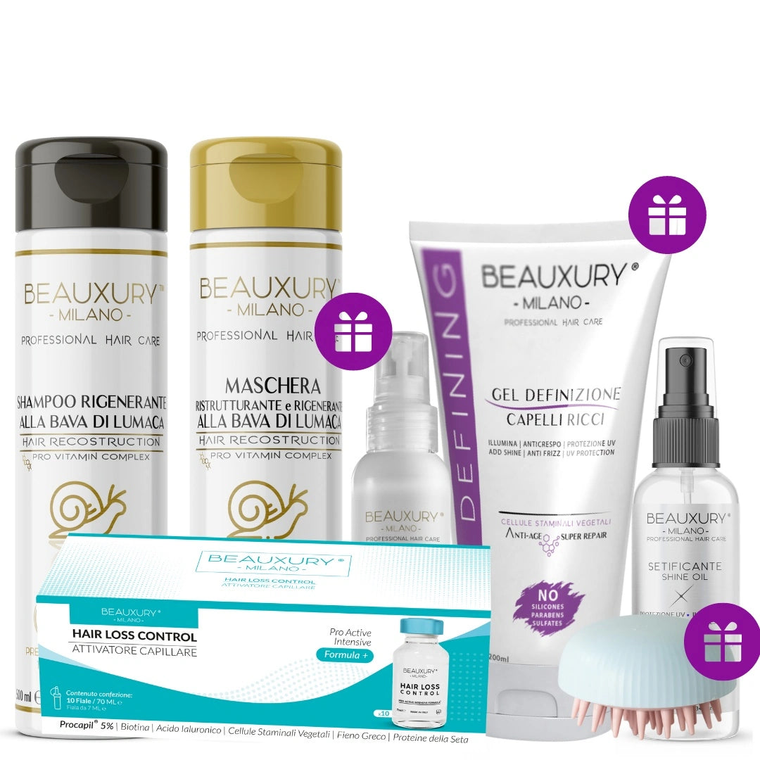 Kit Ricostruzione Ricci: Shampoo + Maschera + Curly Leave In + Gel Definizione + Setificante Shine Oil + Fiale Anticaduta | ProVitaminComplex Bundle