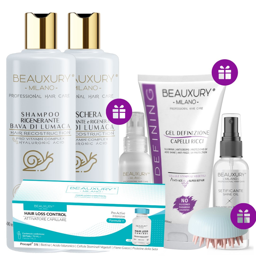 Kit Ricostruzione Ricci: Shampoo + Maschera + Curly Leave In + Gel Definizione + Setificante Shine Oil + Fiale Anticaduta | ProVitaminComplex Bundle