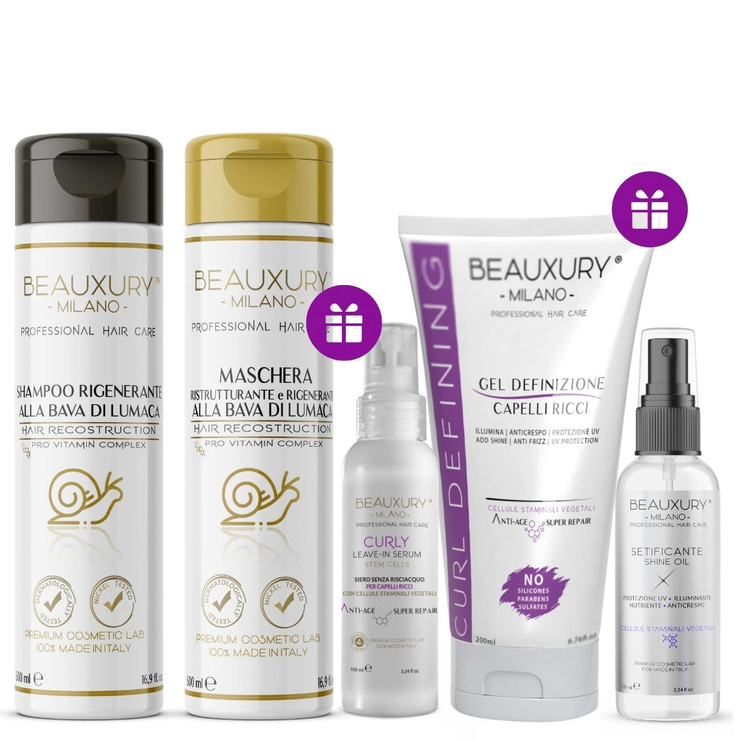 Kit Ricostruzione Ricci: Shampoo + Maschera + Curly Leave In + Gel Definizione + Setificante Shine Oil | ProVitaminComplex Bundle