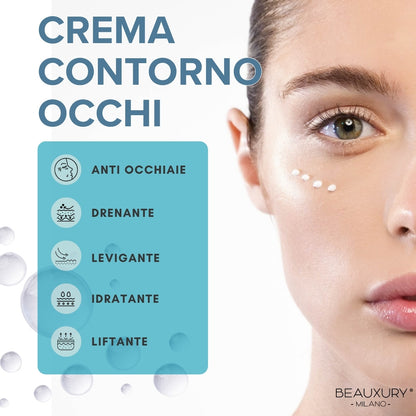 Crema Contorno Occhi Anti-Borse e Occhiaie 15 ml Beauxury Milano con Caffeina, Niacinamide, Acido Ialuronico e Peptidi