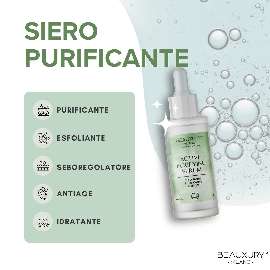 Kit Tris Purificante Viso Beauxury Milano – Mousse, Siero e Maschera per Pelli Grasse e Impure – Azione Detox, Opacizzante e Anti-Imperfezioni