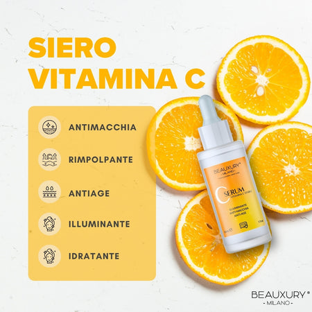 Siero Viso Antimacchia Illuminante Anti-Age con Vitamina C Stabilizzata e Niacinamide – Beauxury Milano – 30 ml