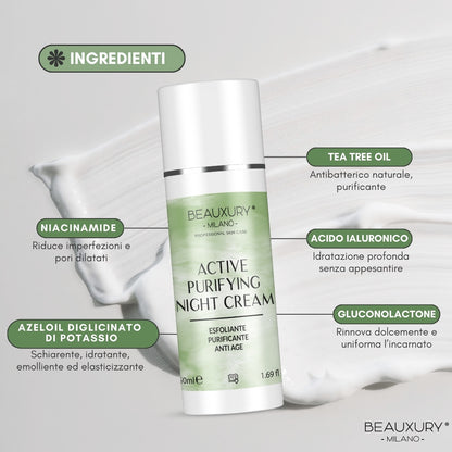Crema Notte Purificante Beauxury Milano 50ml – Trattamento Viso Anti-Impurità con Niacinamide, Tea Tree e Acido Azelaico