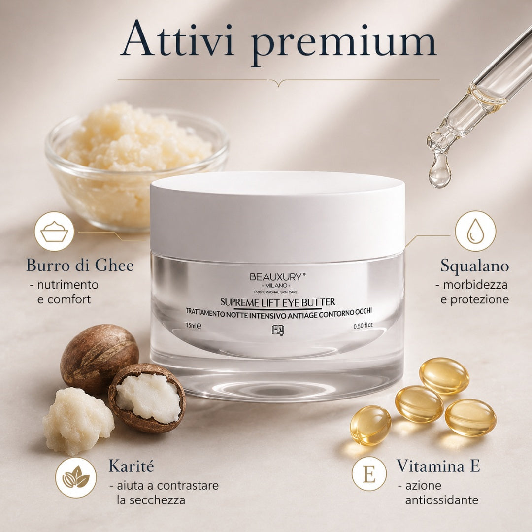 Burro Contorno Occhi Notte - Nutriente Glow Effect 15 ml con Burro di Ghee, Squalano e Karité