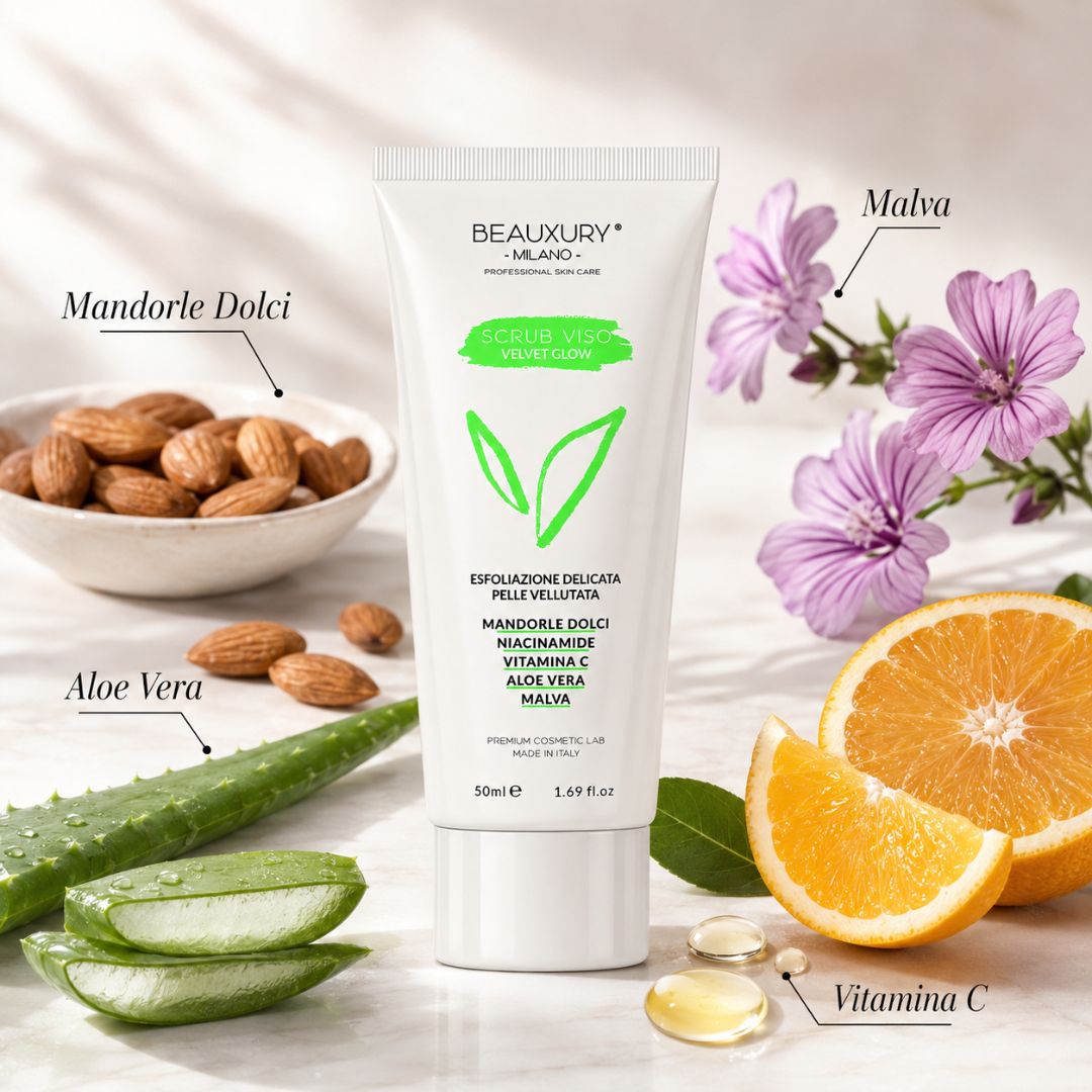 Scrub Viso Esfoliante in Crema Velvet Grow 50 ml – Aloe Vera, Polveri Naturali, Niacinamide e Vitamine | Beauxury Milano