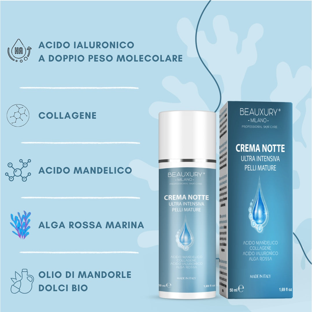 Kit Pelli Mature Crema Giorno, Crema Notte e Mousse Detergente Integragore Collagene AntiAge con Acido Ialuronico Acido Mandelico Alga Rossa