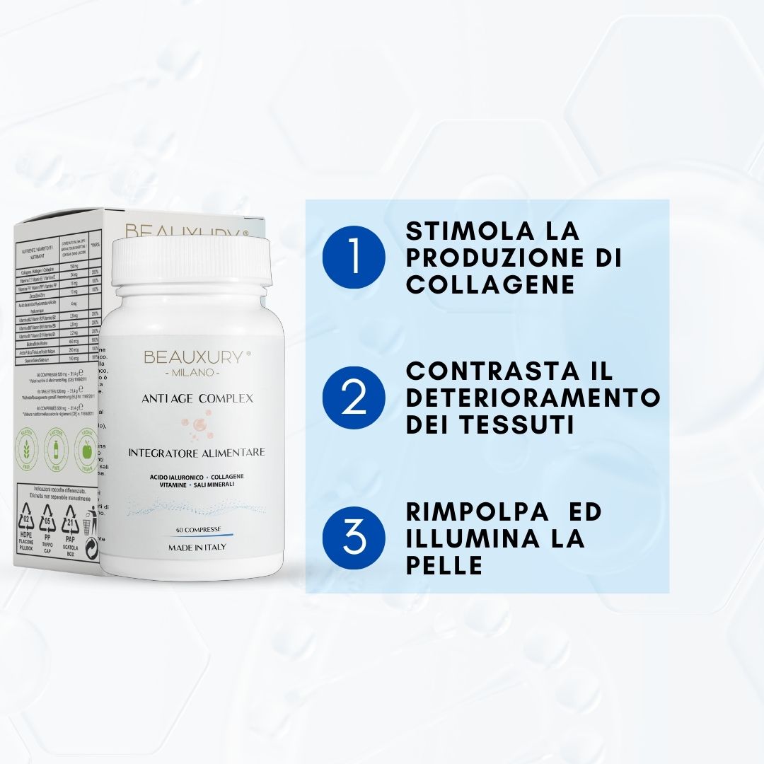 Kit Pelli Mature Crema Giorno, Crema Notte e Mousse Detergente Integragore Collagene AntiAge con Acido Ialuronico Acido Mandelico Alga Rossa