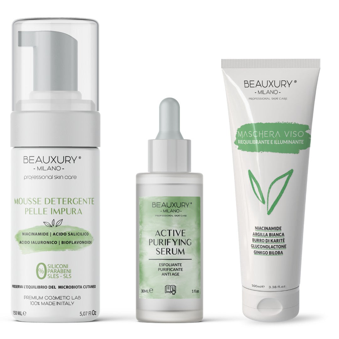Kit Tris Purificante Viso Beauxury Milano – Mousse, Siero e Maschera per Pelli Grasse e Impure – Azione Detox, Opacizzante e Anti-Imperfezioni