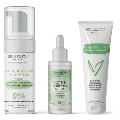 Kit Tris Purificante Viso Beauxury Milano – Mousse, Siero e Maschera per Pelli Grasse e Impure – Azione Detox, Opacizzante e Anti-Imperfezioni