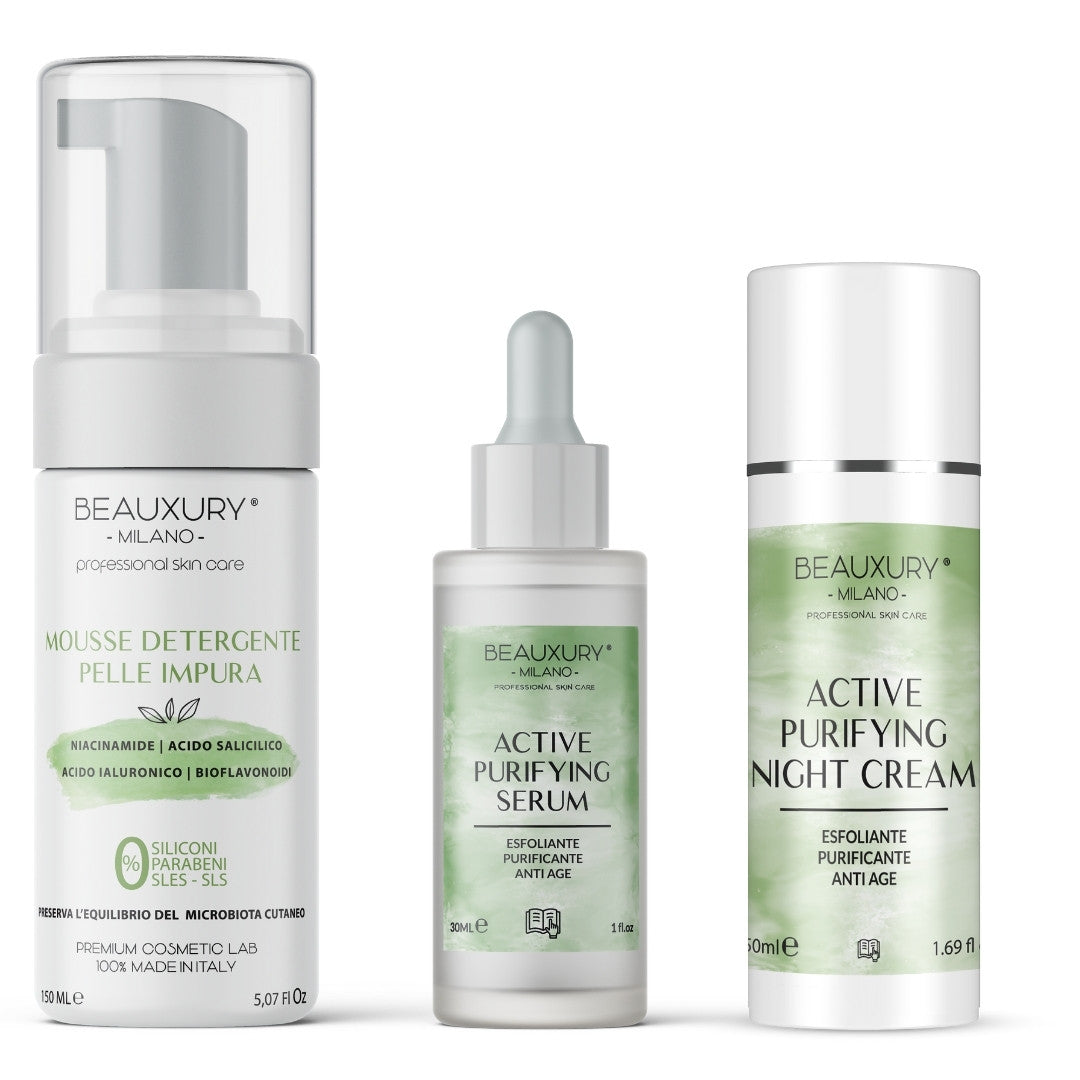 Tris Purificante Viso Beauxury Milano – Mousse, Siero e Crema per Pelli Grasse e Impure – Azione Detox, Opacizzante e Anti-Imperfezioni