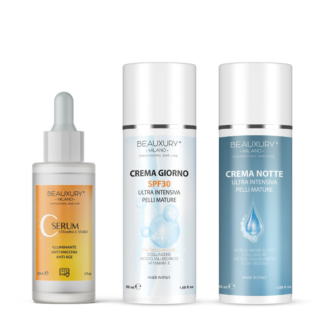 Kit Tris Antimacchia Vitamina C Beauxury Milano - Kit Antiage Illuminante con Siero Vitamina C, Crema Giorno SPF30 e Crema Notte Collagene - Schiarisce Macchie e Iperpigmentazione Viso