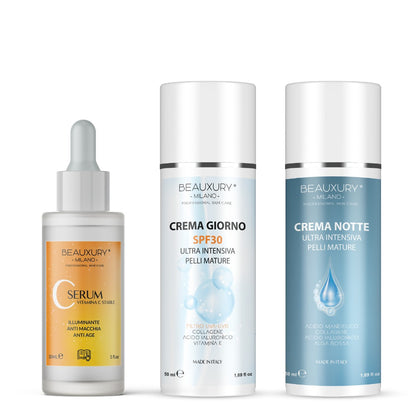 Kit Tris Antimacchia Vitamina C Beauxury Milano - Kit Antiage Illuminante con Siero Vitamina C, Crema Giorno SPF30 e Crema Notte Collagene - Schiarisce Macchie e Iperpigmentazione Viso