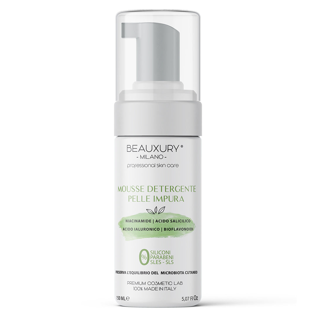 Mousse Detergente Viso Pelle Grassa, Impura 150 ML con Niacinamide, Acido Salicilico, Acido Ialuronico