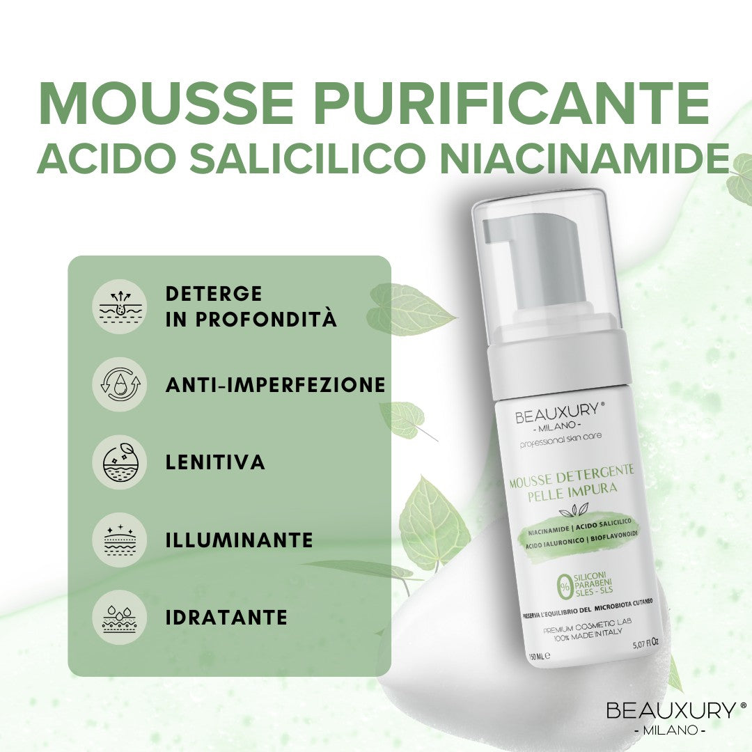 Kit Tris Purificante Viso Beauxury Milano – Mousse, Siero e Maschera per Pelli Grasse e Impure – Azione Detox, Opacizzante e Anti-Imperfezioni