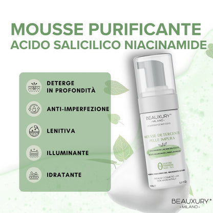 Kit Tris Purificante Viso Beauxury Milano – Mousse, Siero e Maschera per Pelli Grasse e Impure – Azione Detox, Opacizzante e Anti-Imperfezioni