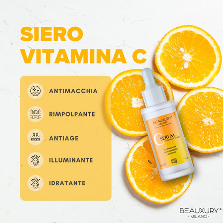 Kit Tris Antimacchia Vitamina C Beauxury Milano - Kit Antiage Illuminante con Siero Vitamina C, Crema Giorno SPF30 e Crema Notte Collagene - Schiarisce Macchie e Iperpigmentazione Viso