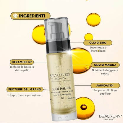 Sublime Oil Beauxury Milano 50ml – Olio Capelli Danneggiati, Nutriente, Illuminante e Anti-Crespo | con Ceramide NP, Proteine del Grano e Oli Pregiati