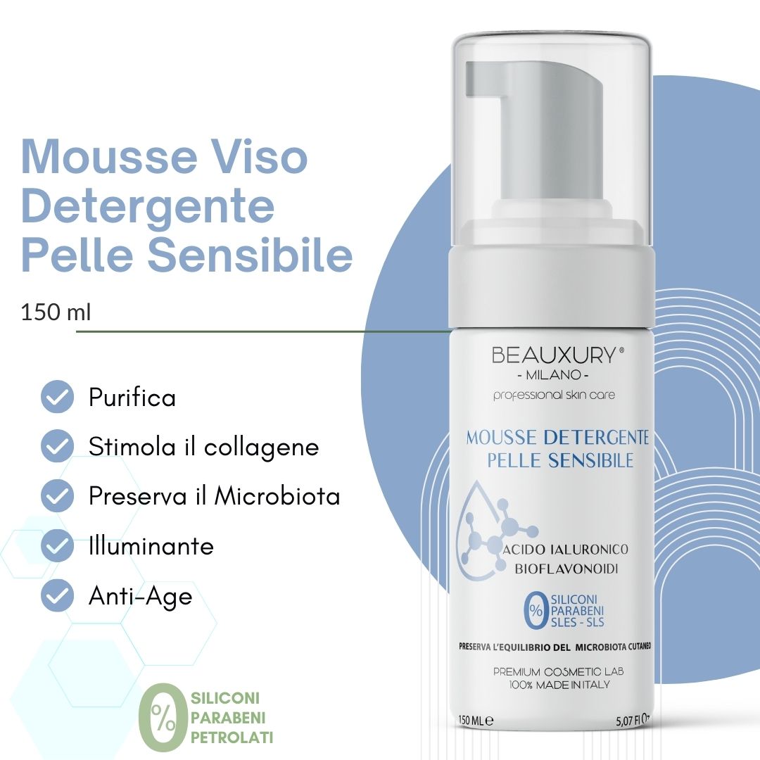 Mousse Detergente Viso Pelle Sensibile 150 ML con Acido Ialuronico e Bioflavonoidi