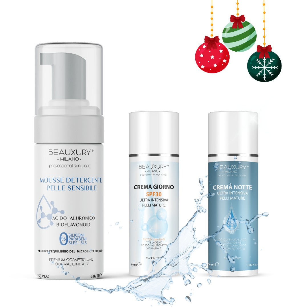 Kit Pelli Mature Crema Giorno, Crema Notte e Mousse Detergente AntiAge con Acido Ialuronico Acido Mandelico Alga Rossa