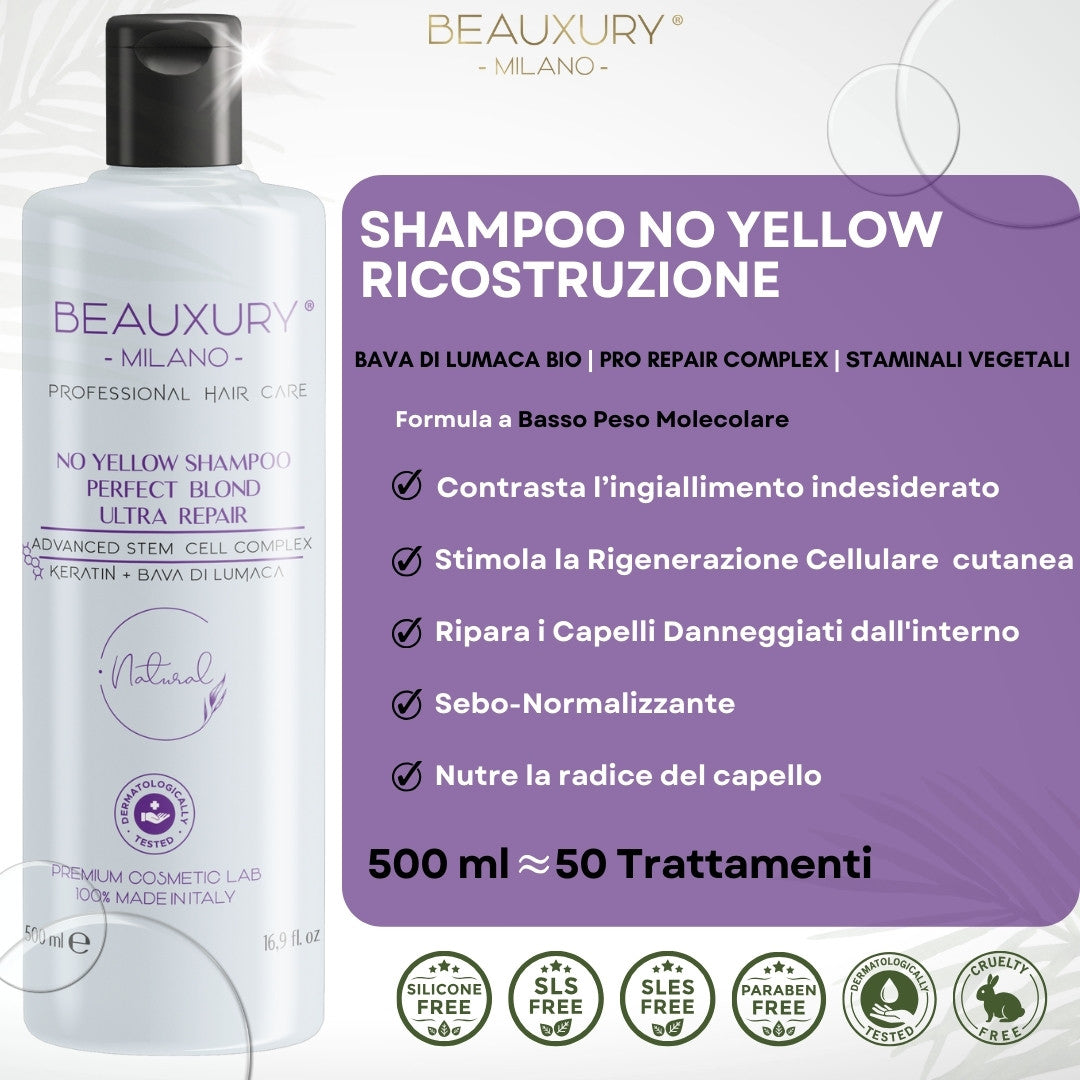 Trattamento Ricostruzione No Yellow con Leave In | Anticrespo | Ristrutturante | Rigenerante | Pro Vitamin Complex Biotin